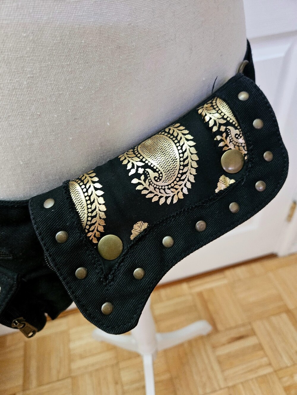 Perfect Artist Made UK Black Gold Paisley Canvas Boho Trance Festival Bag Belt - Picture 7 of 14